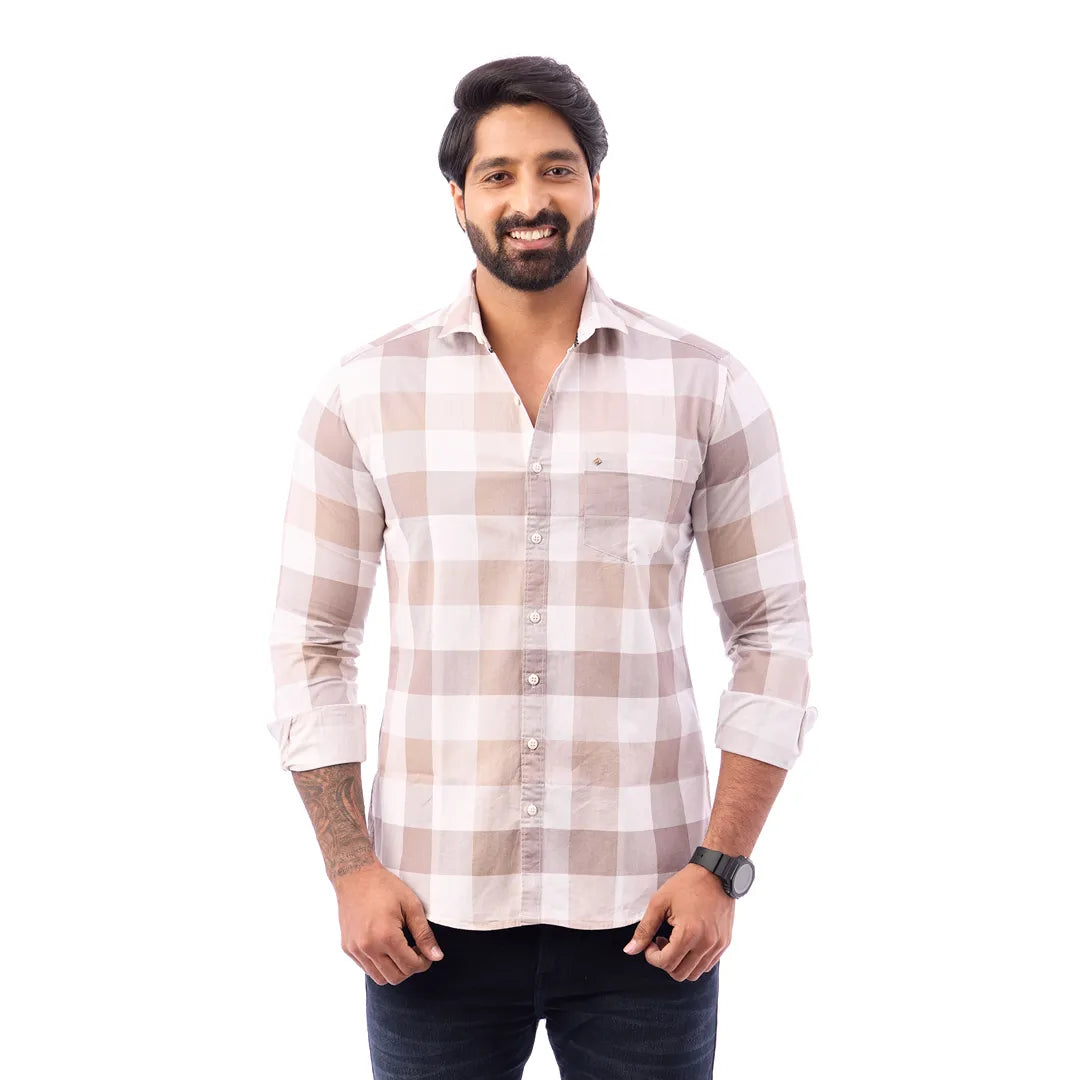 Light Sandal Nodal Print Checked Shirt For Men - 1080