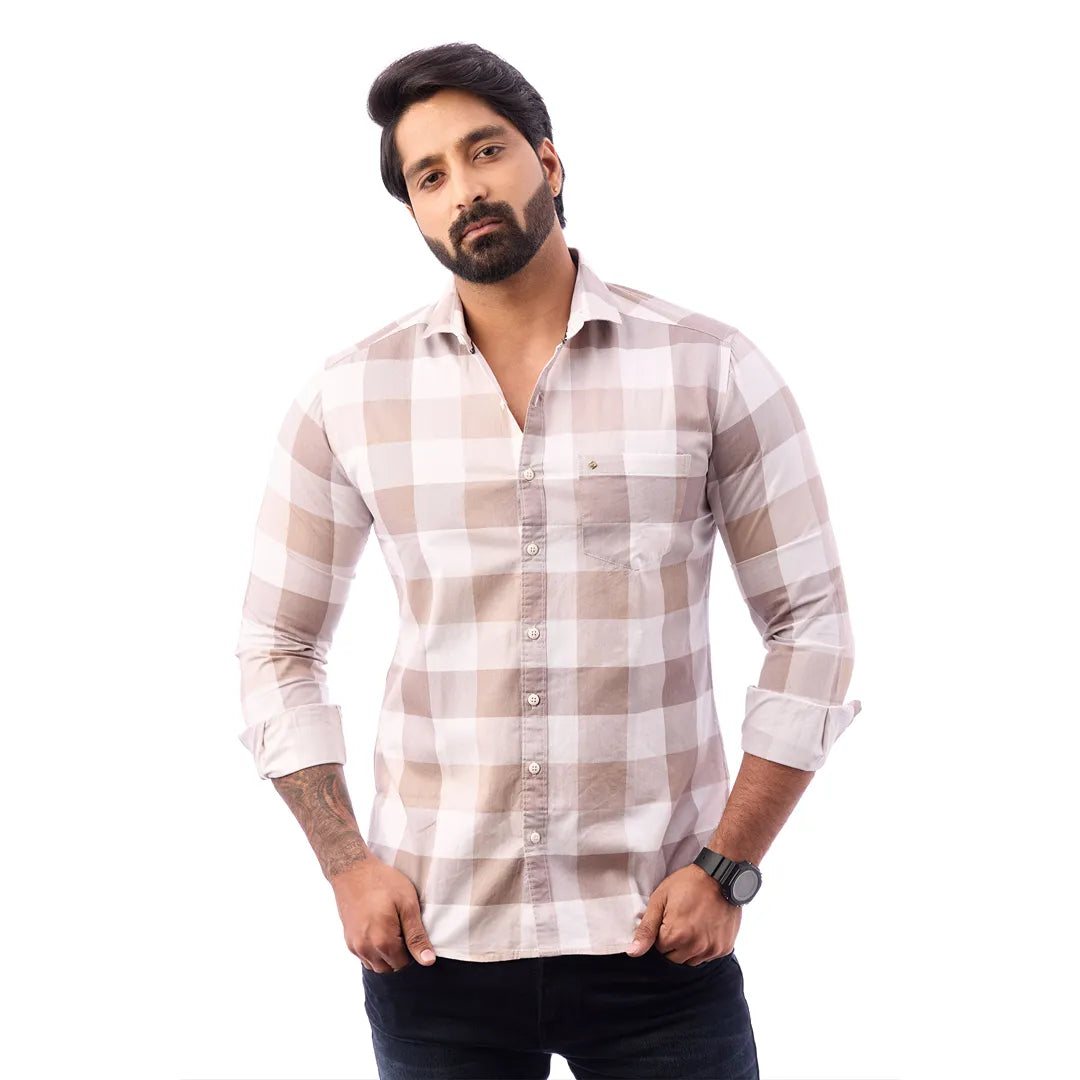 Light Sandal Nodal Print Checked Shirt For Men - 1080