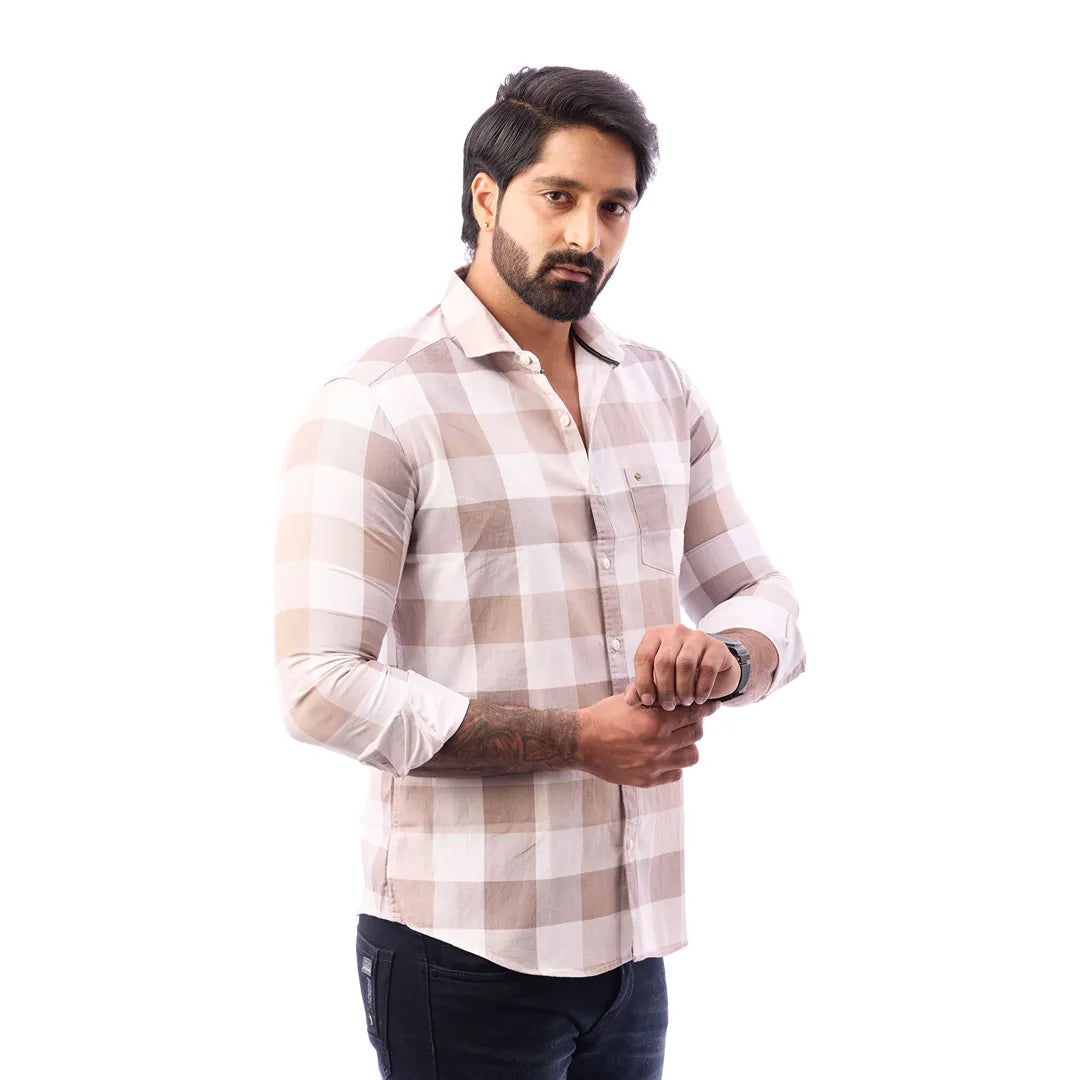 Light Sandal Nodal Print Checked Shirt For Men - 1080