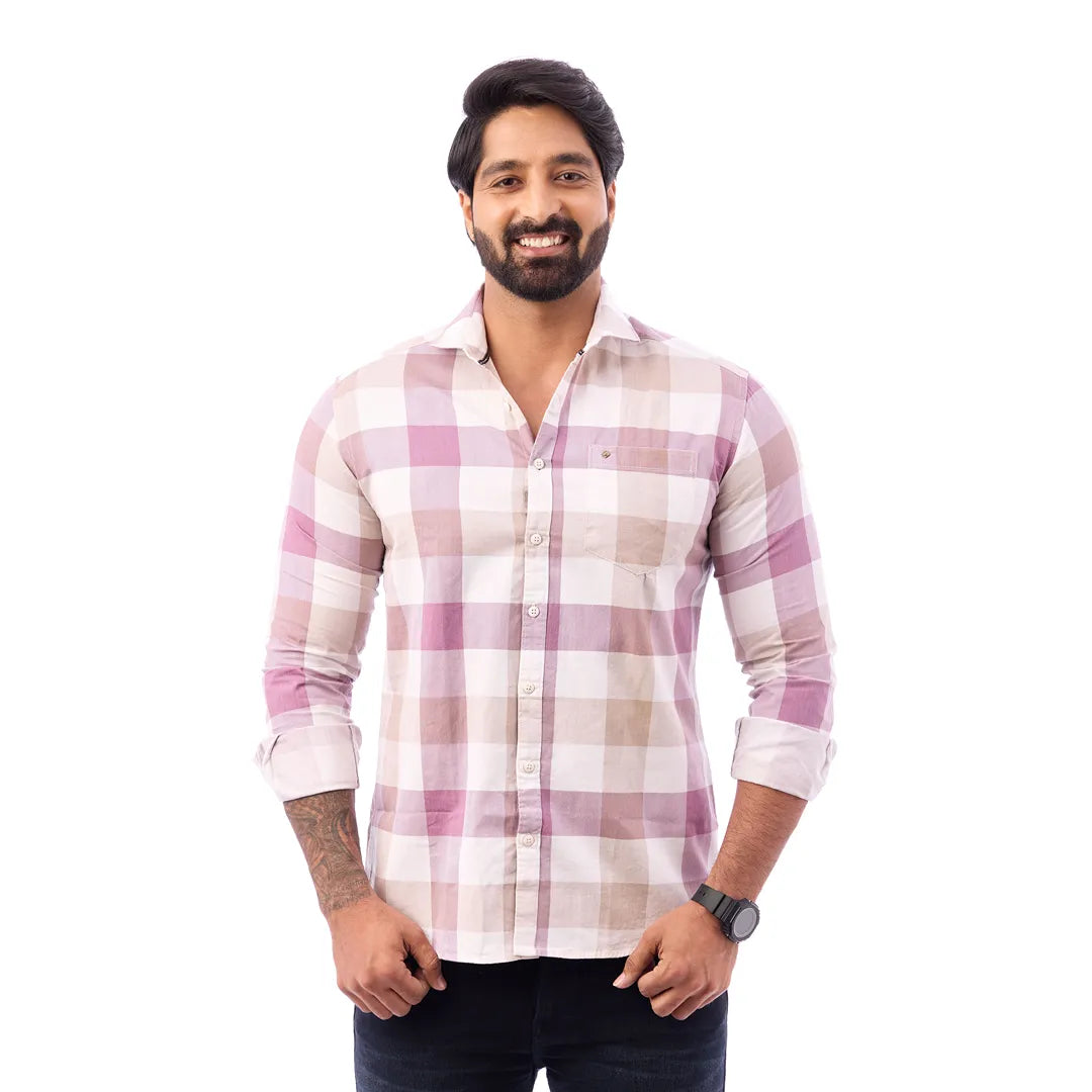 Light Sandal Nodal Print Checked Shirt For Men - 1080