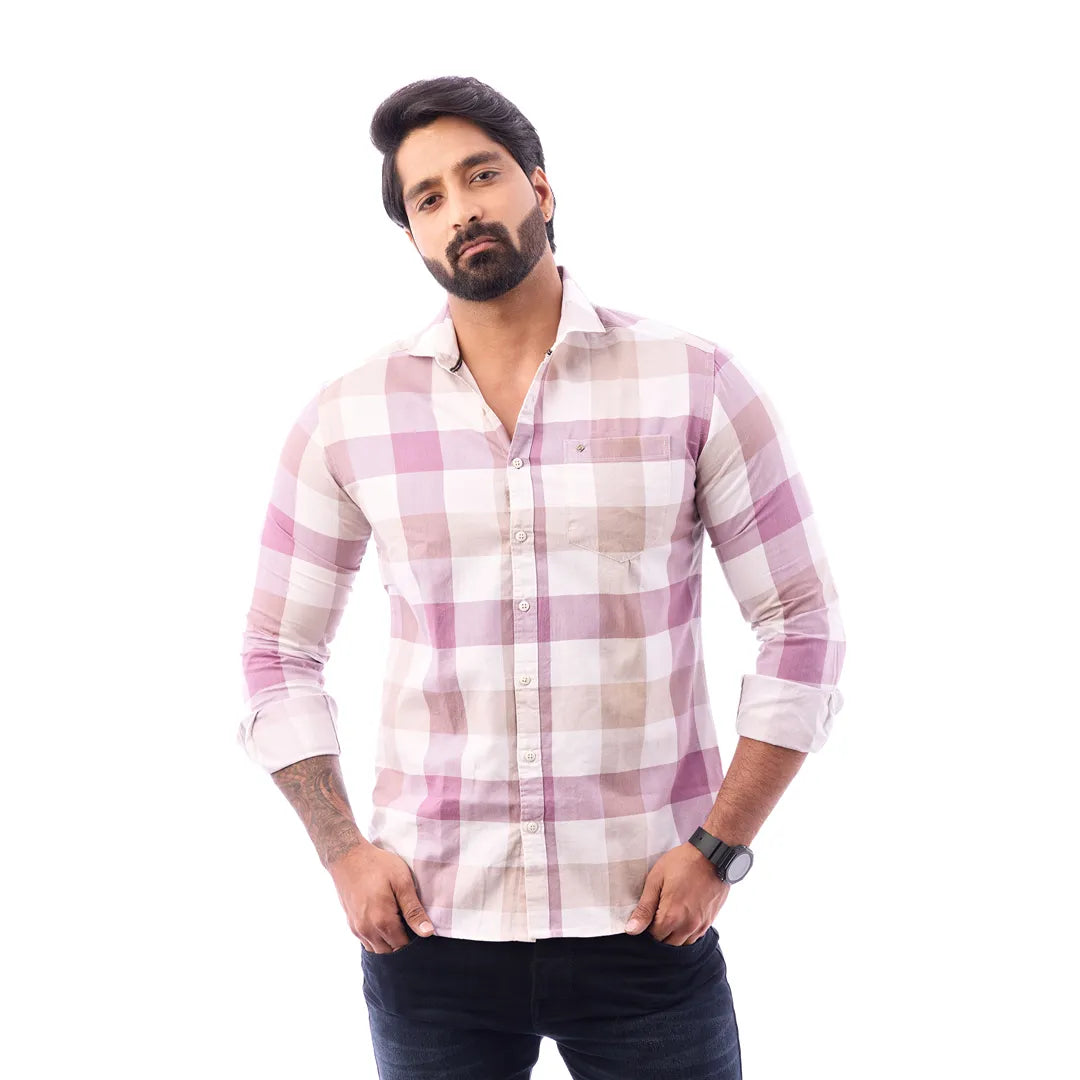 Light Sandal Nodal Print Checked Shirt For Men - 1080