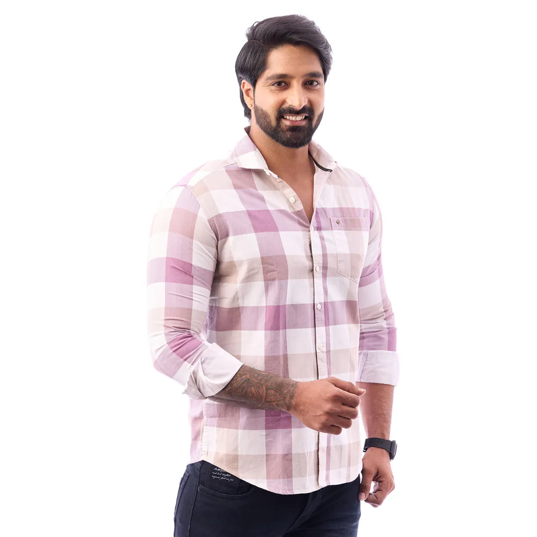 Light Sandal Nodal Print Checked Shirt For Men - 1080