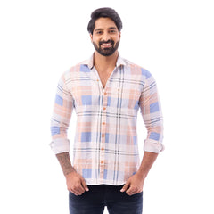 Light Orange Nodal Print Checked Shirt For Men - 1084