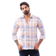 Light Orange Nodal Print Checked Shirt For Men - 1084