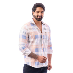 Light Orange Nodal Print Checked Shirt For Men - 1084