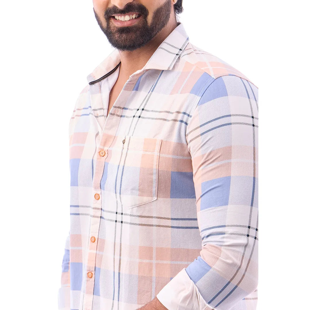 Light Orange Nodal Print Checked Shirt For Men - 1084