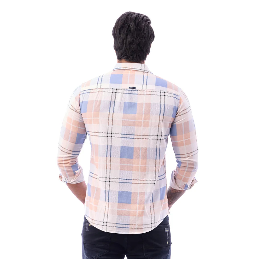 Light Orange Nodal Print Checked Shirt For Men - 1084