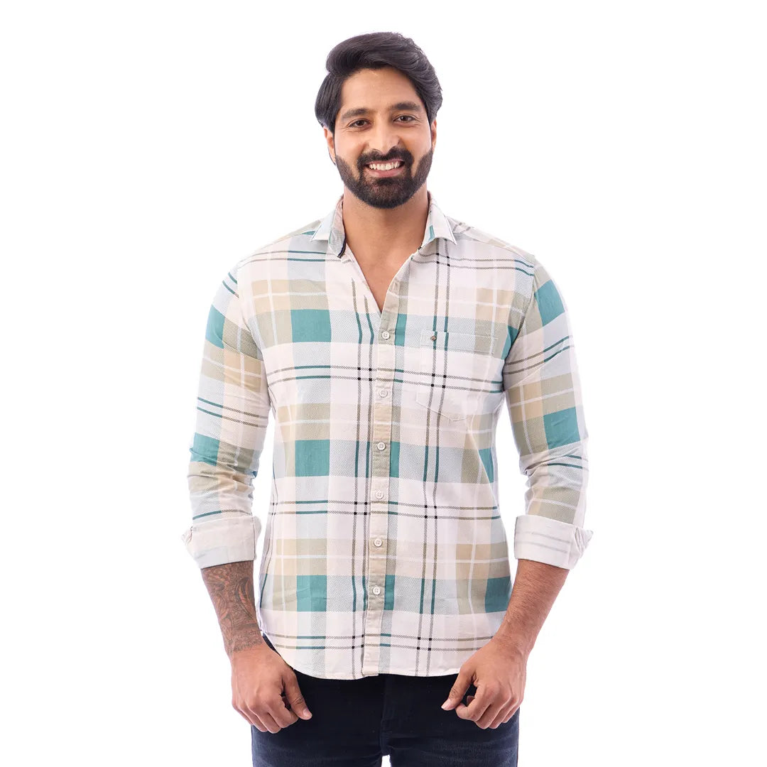 Light Orange Nodal Print Checked Shirt For Men - 1084