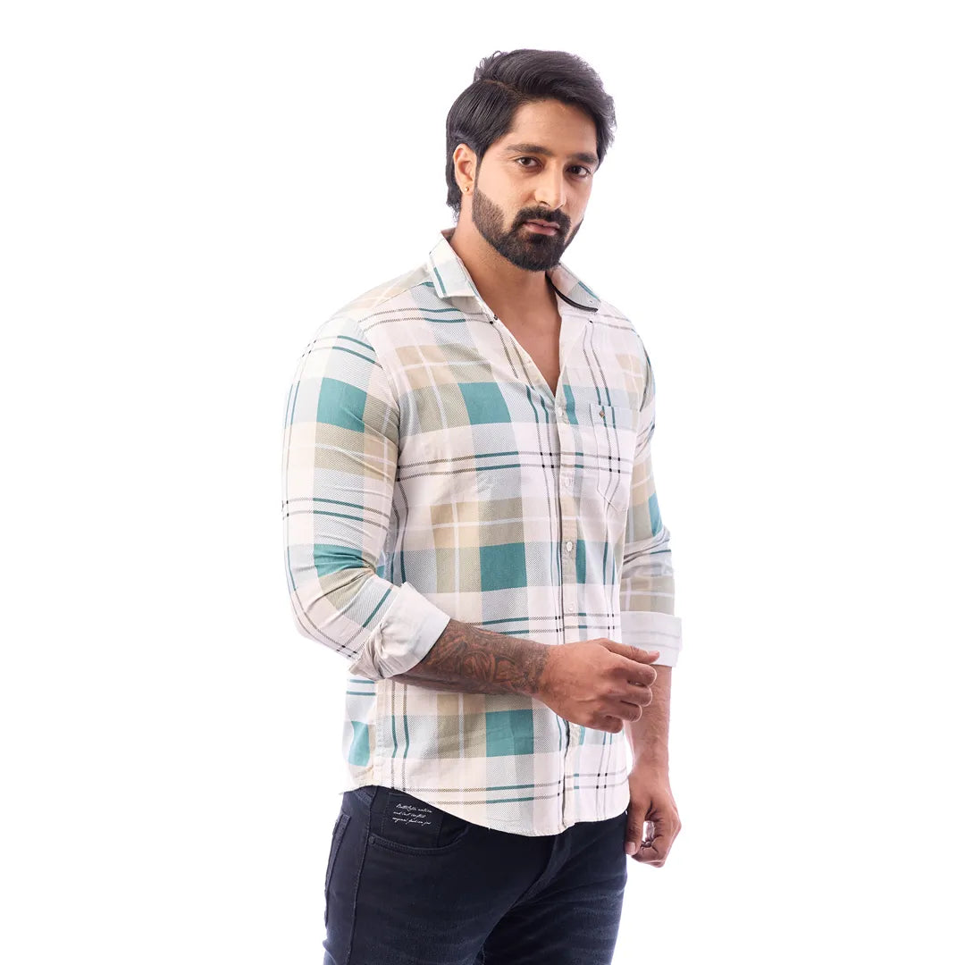 Light Orange Nodal Print Checked Shirt For Men - 1084