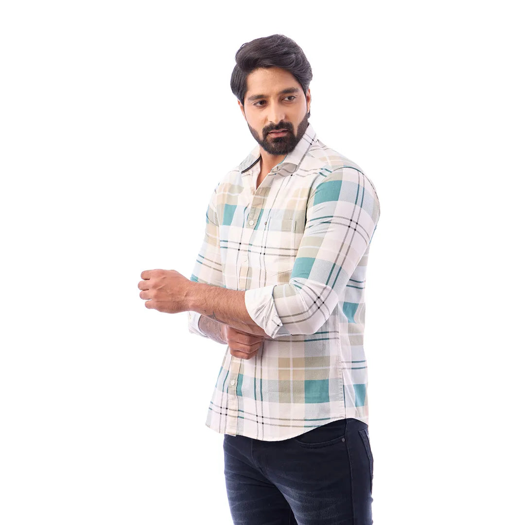 Light Orange Nodal Print Checked Shirt For Men - 1084