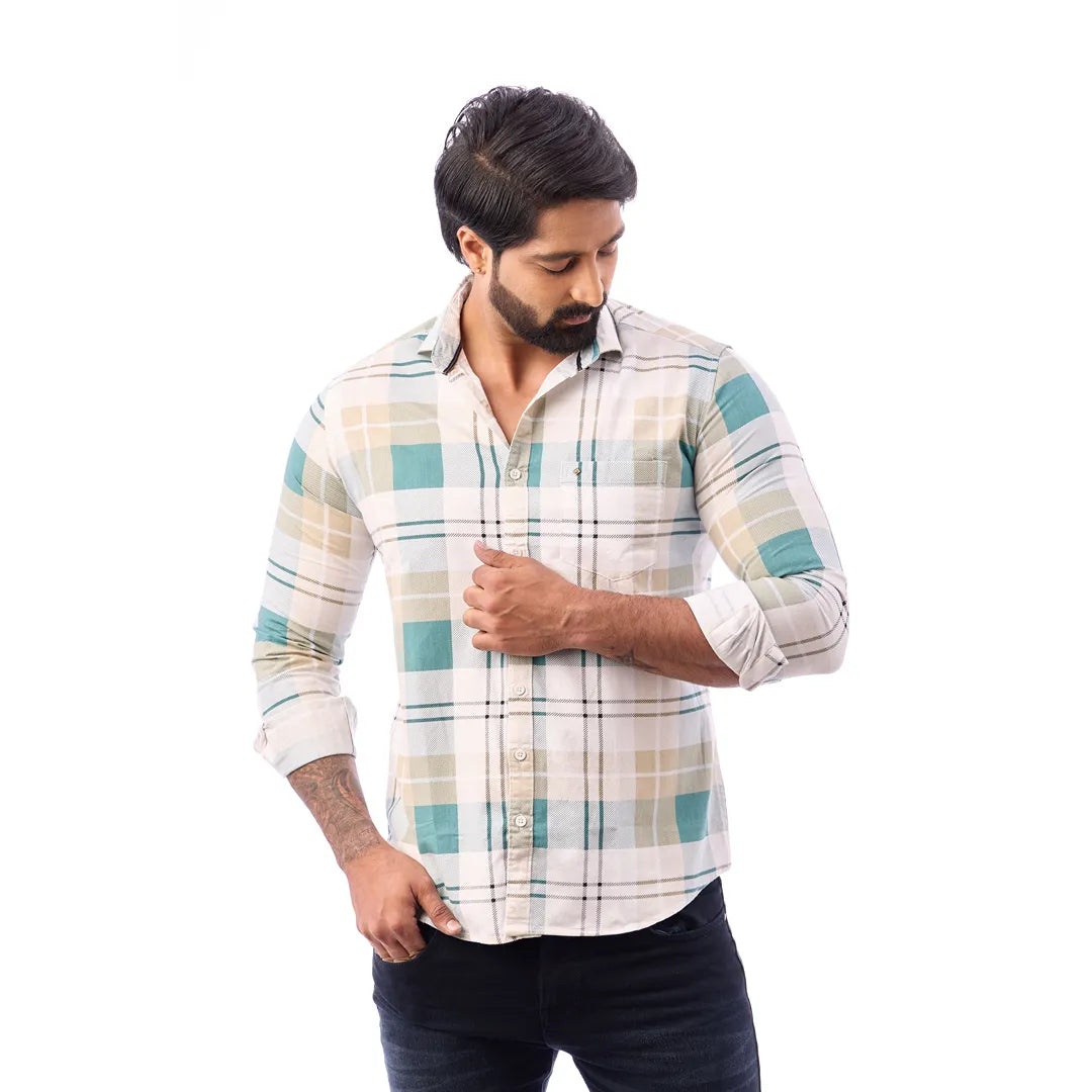 Light Orange Nodal Print Checked Shirt For Men - 1084