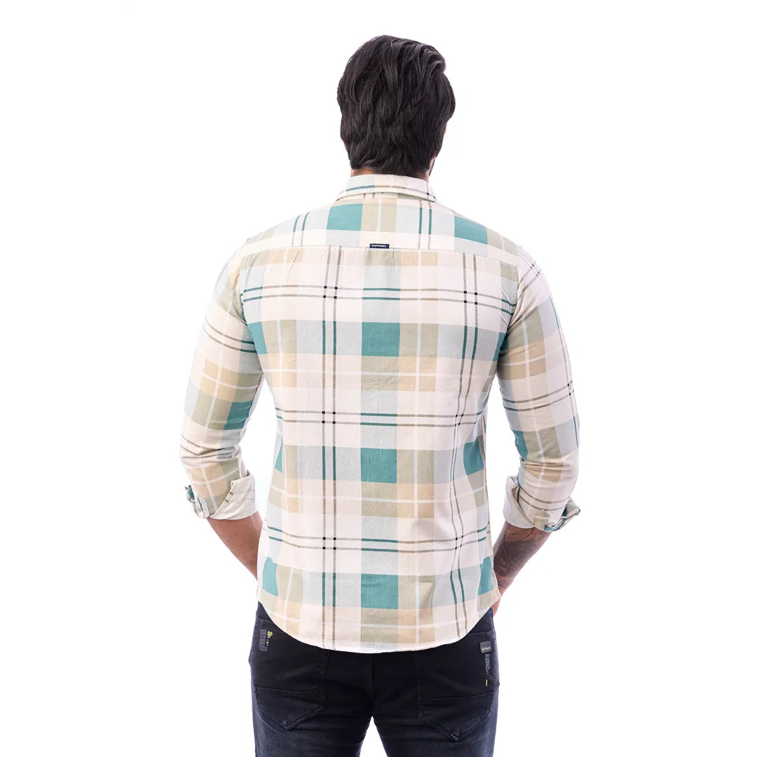 Light Orange Nodal Print Checked Shirt For Men - 1084