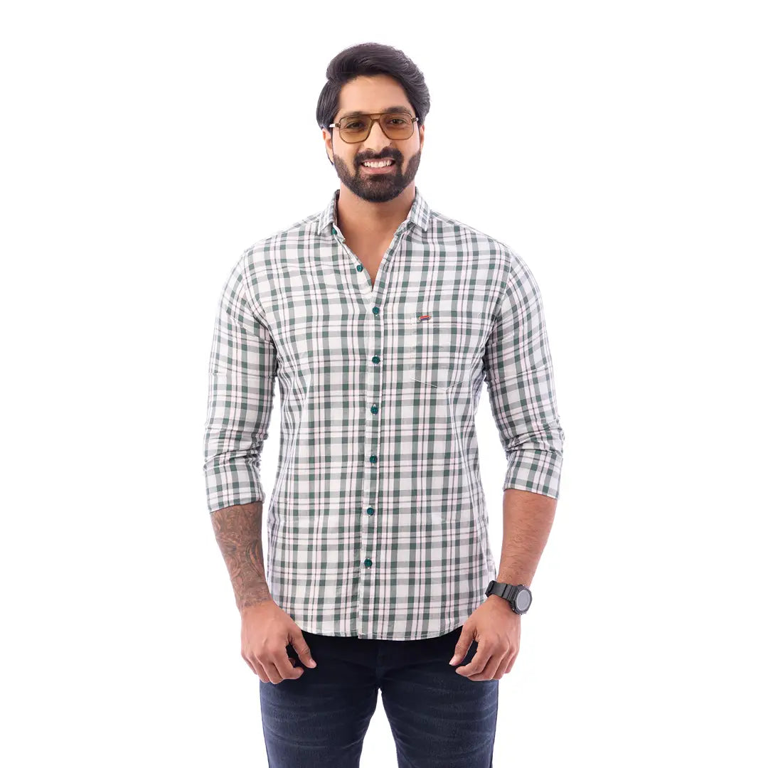 Green Twill Checked Shirt For Men - 1185