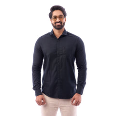 Men Black Dobby Plain-Slub Shirt - 1364