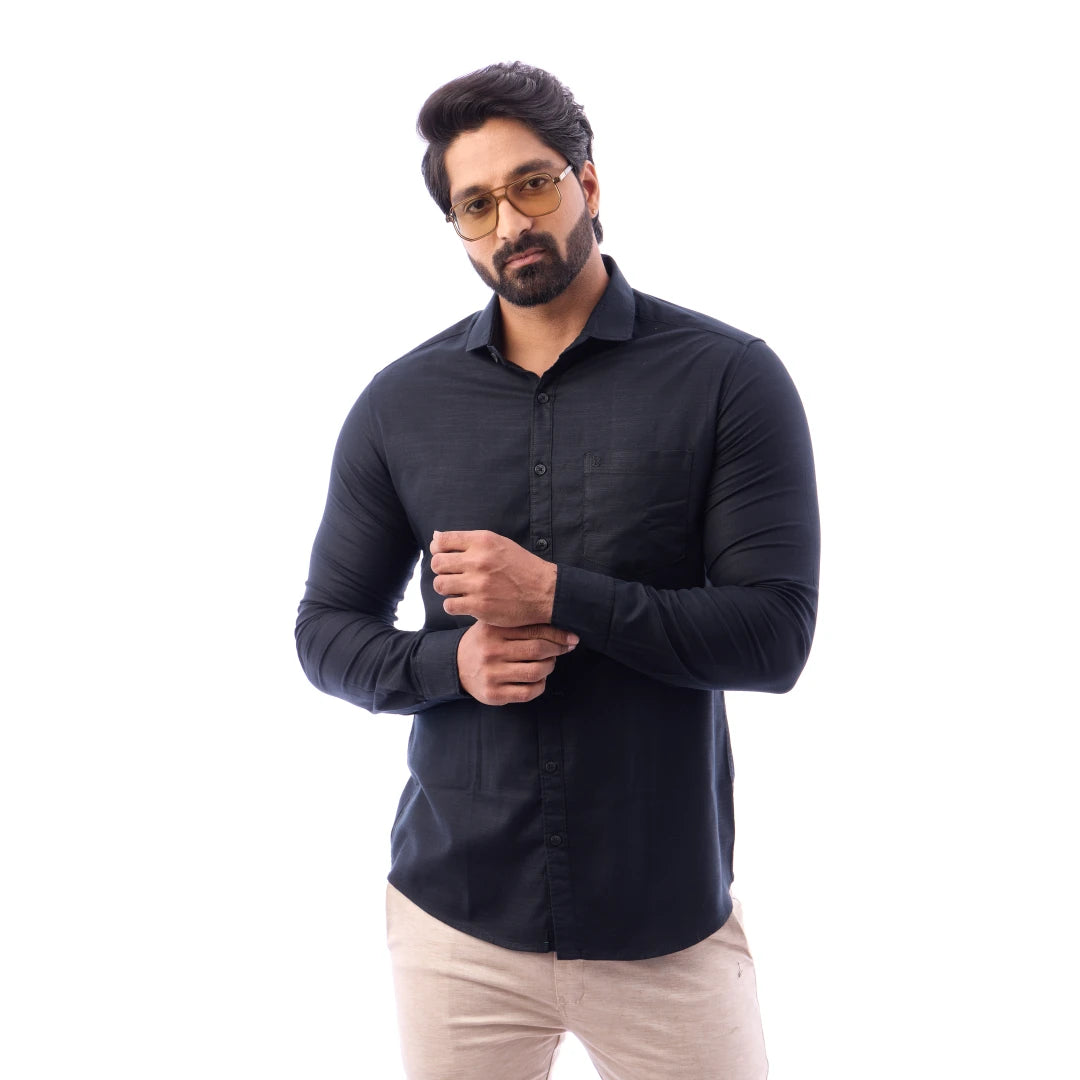 Men Black Dobby Plain-Slub Shirt - 1364