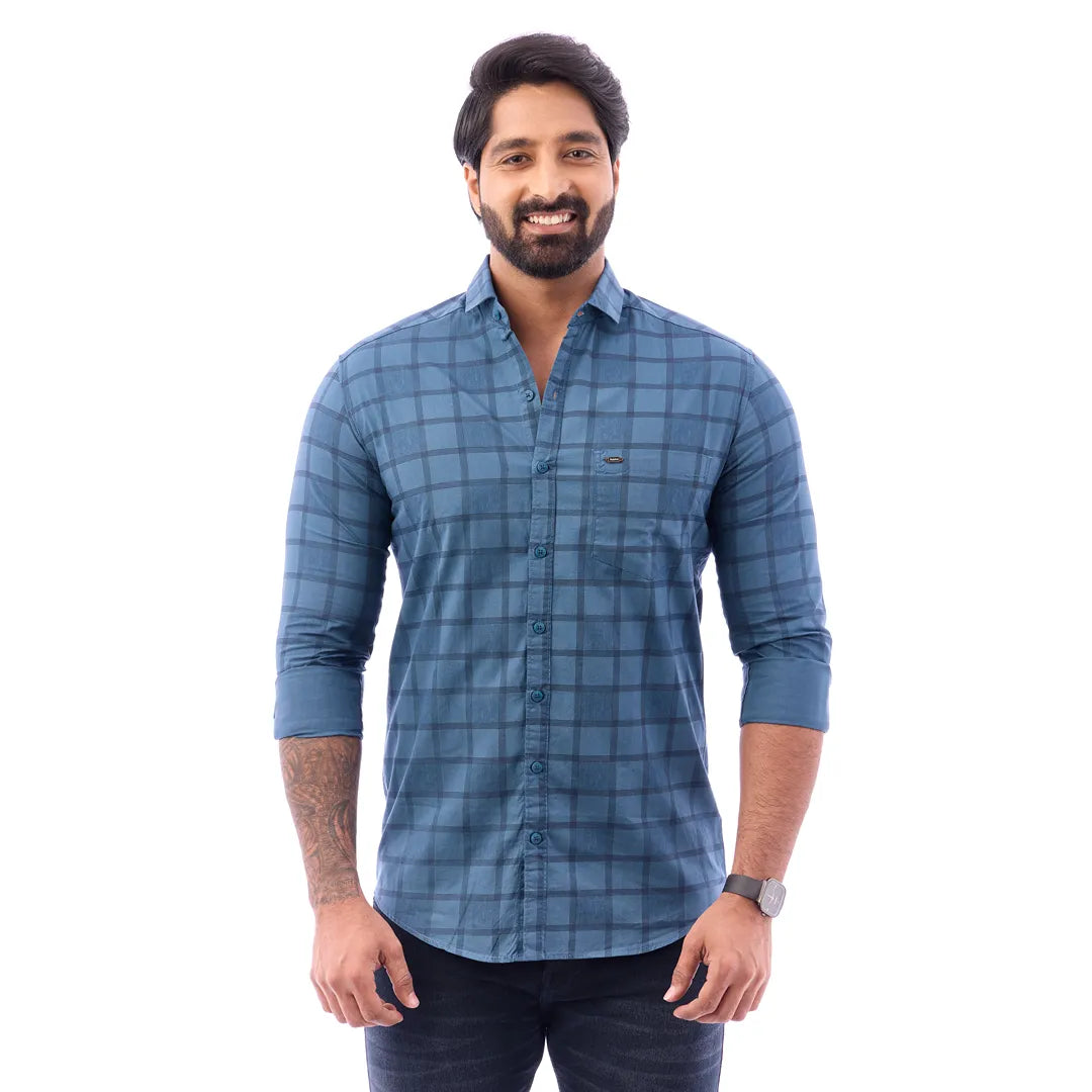 Blue Print Checked Shirt For Men - 1423