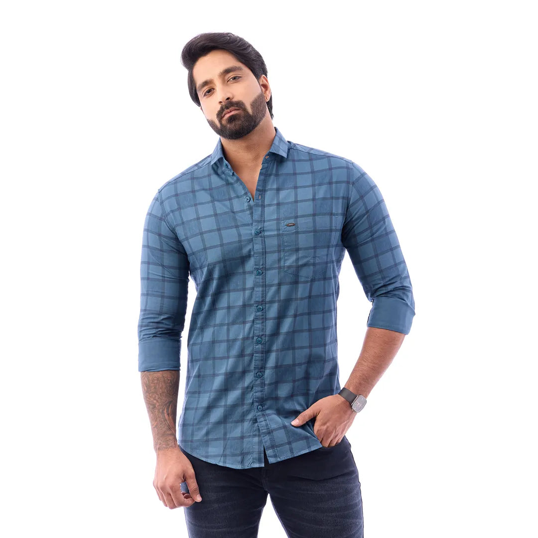 Blue Print Checked Shirt For Men - 1423