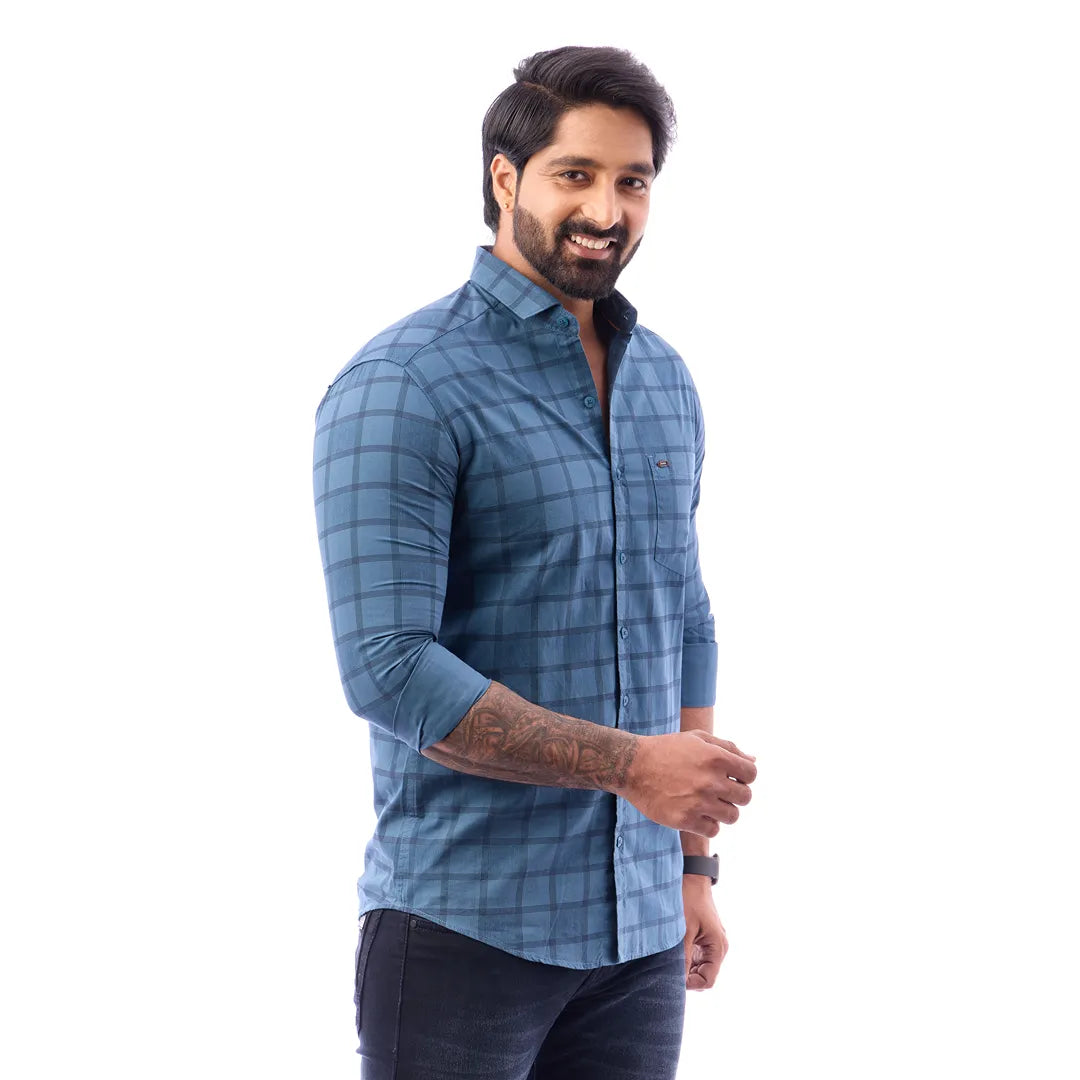 Blue Print Checked Shirt For Men - 1423