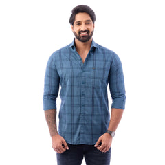 Light Blue Print Checked Shirt For Men - 1424