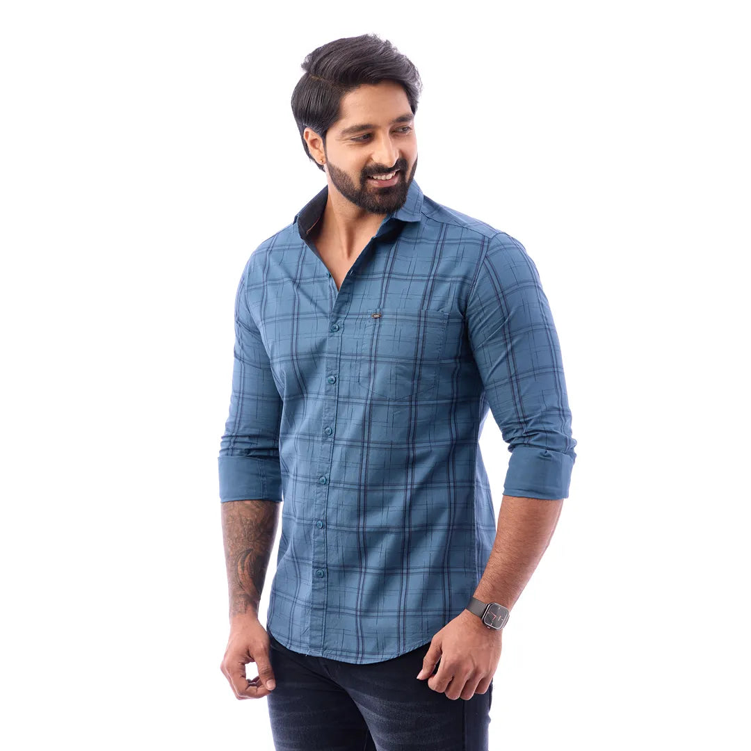 Light Blue Print Checked Shirt For Men - 1424