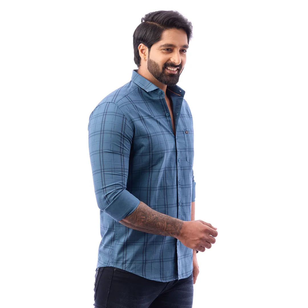 Light Blue Print Checked Shirt For Men - 1424