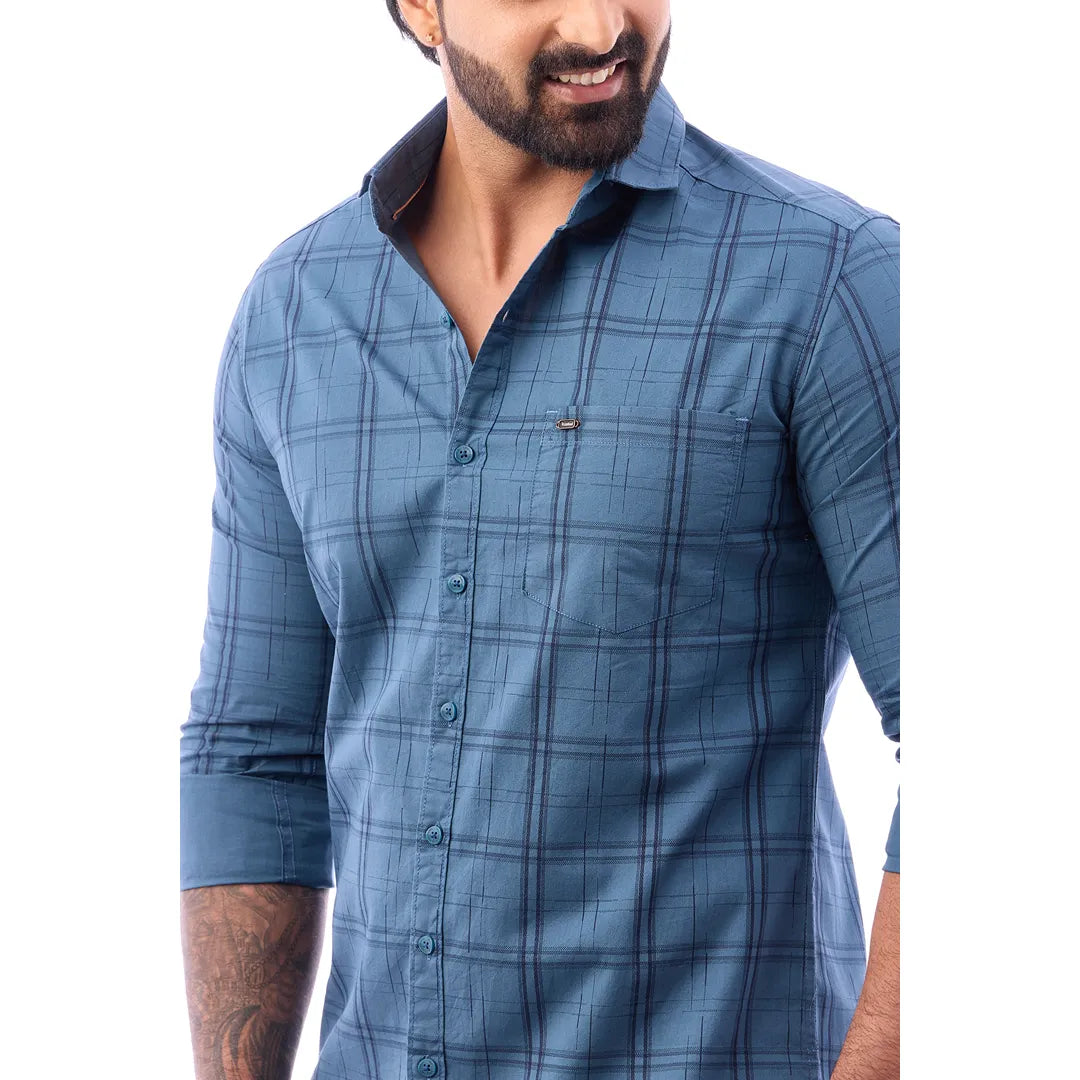 Light Blue Print Checked Shirt For Men - 1424