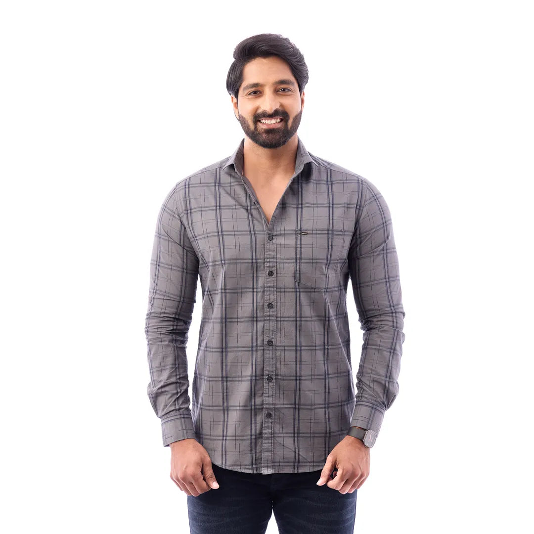 Light Blue Print Checked Shirt For Men - 1424