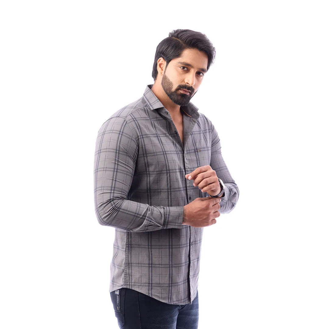 Light Blue Print Checked Shirt For Men - 1424