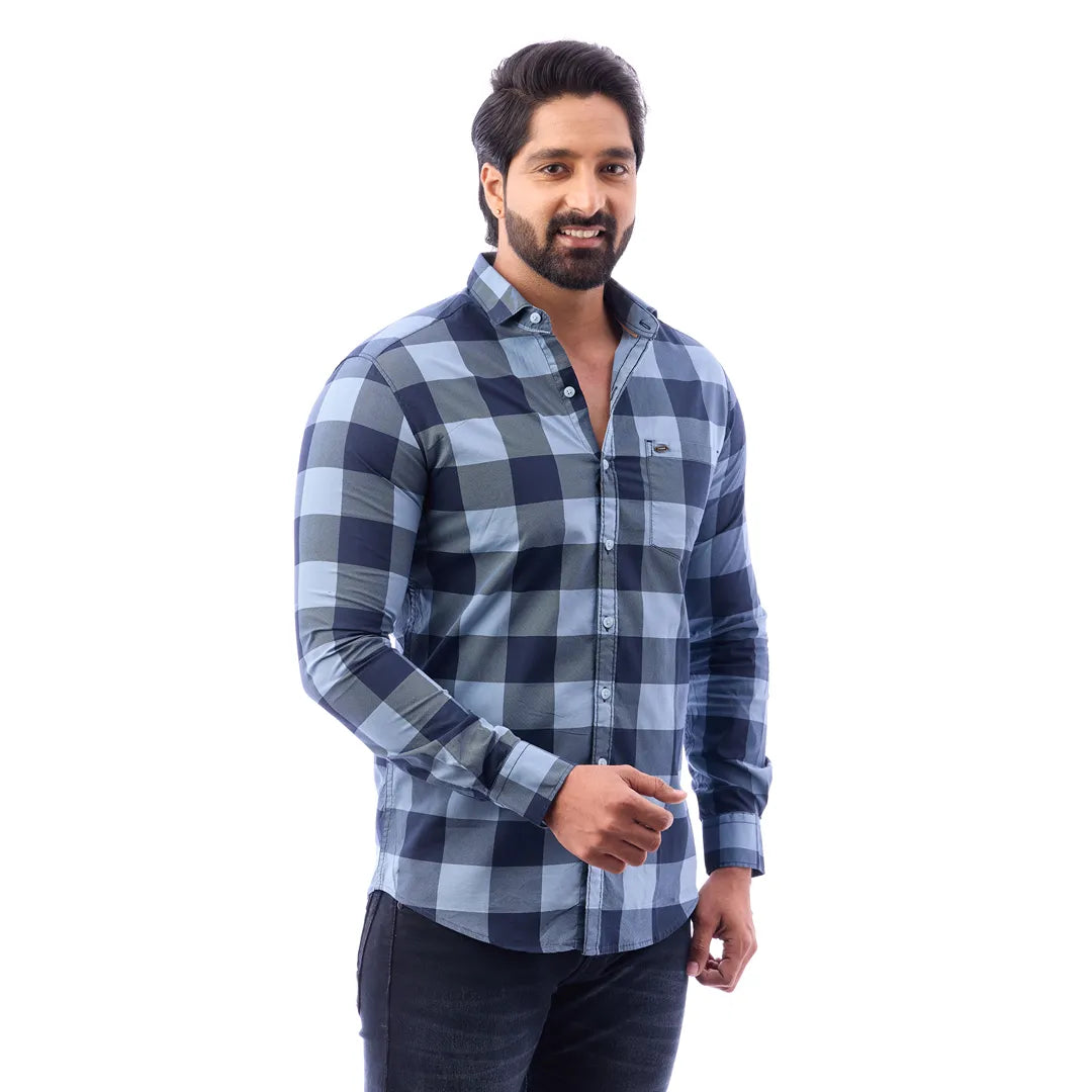 Duo Blue Print Checked Shirt For Men - 1426