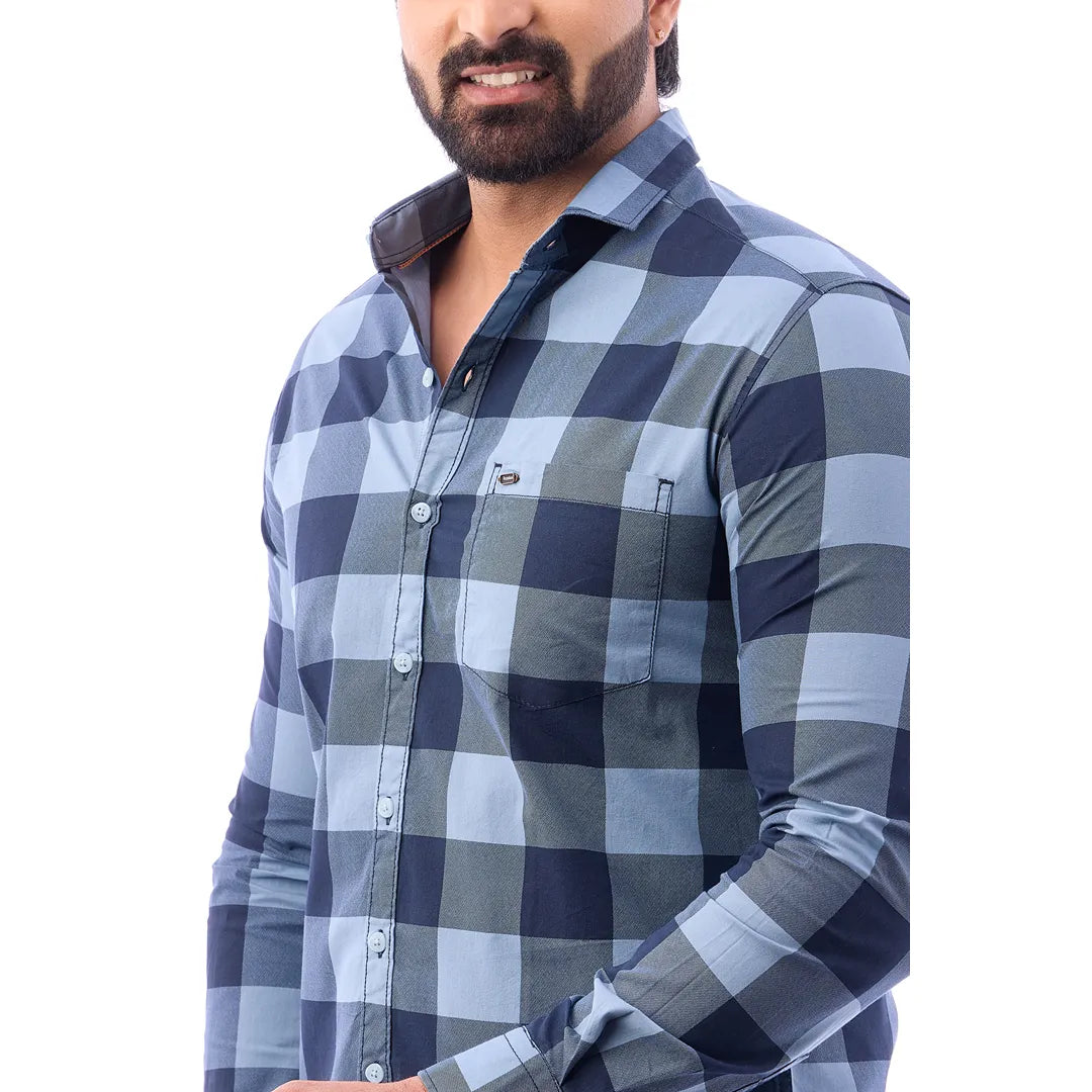 Duo Blue Print Checked Shirt For Men - 1426