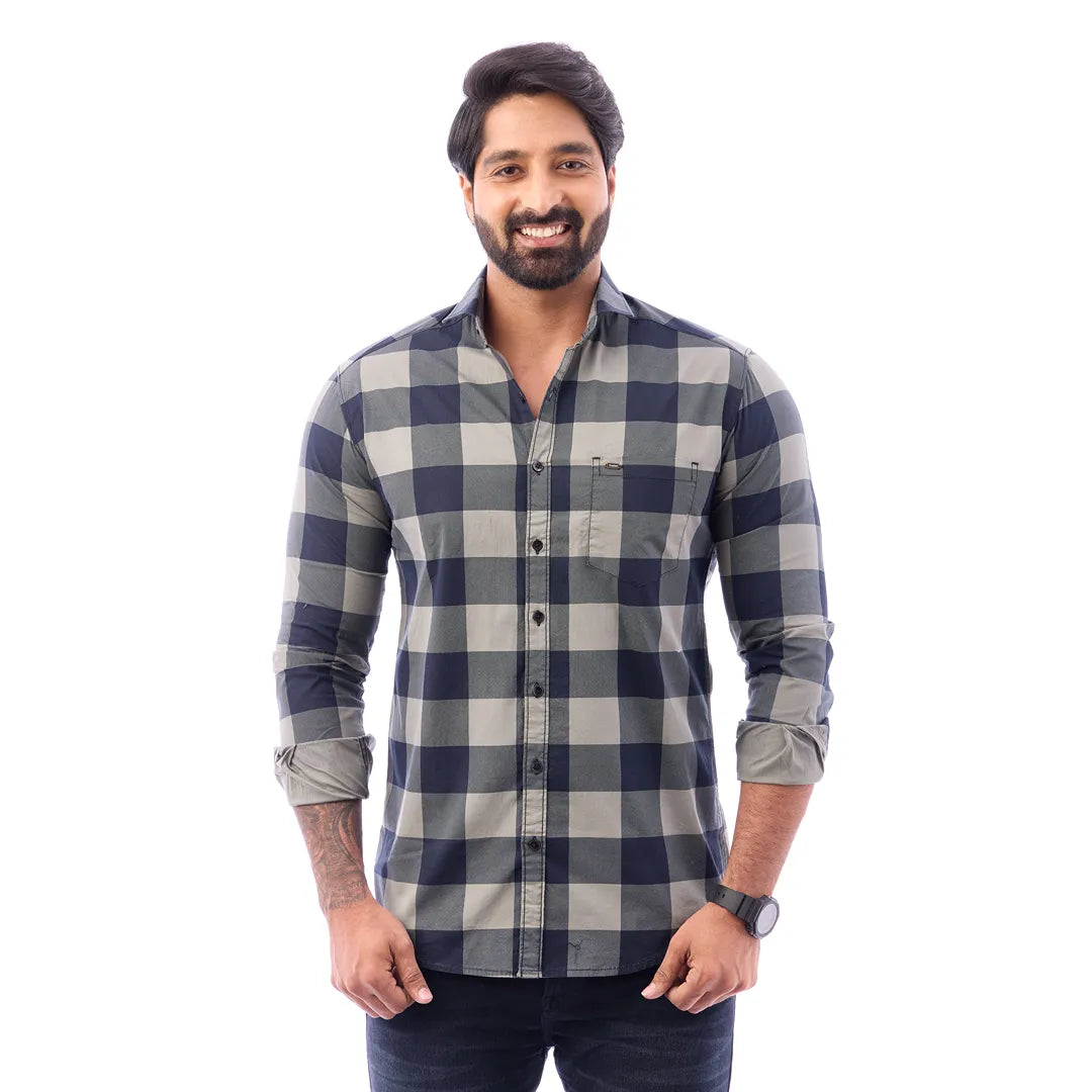 Duo Blue Print Checked Shirt For Men - 1426