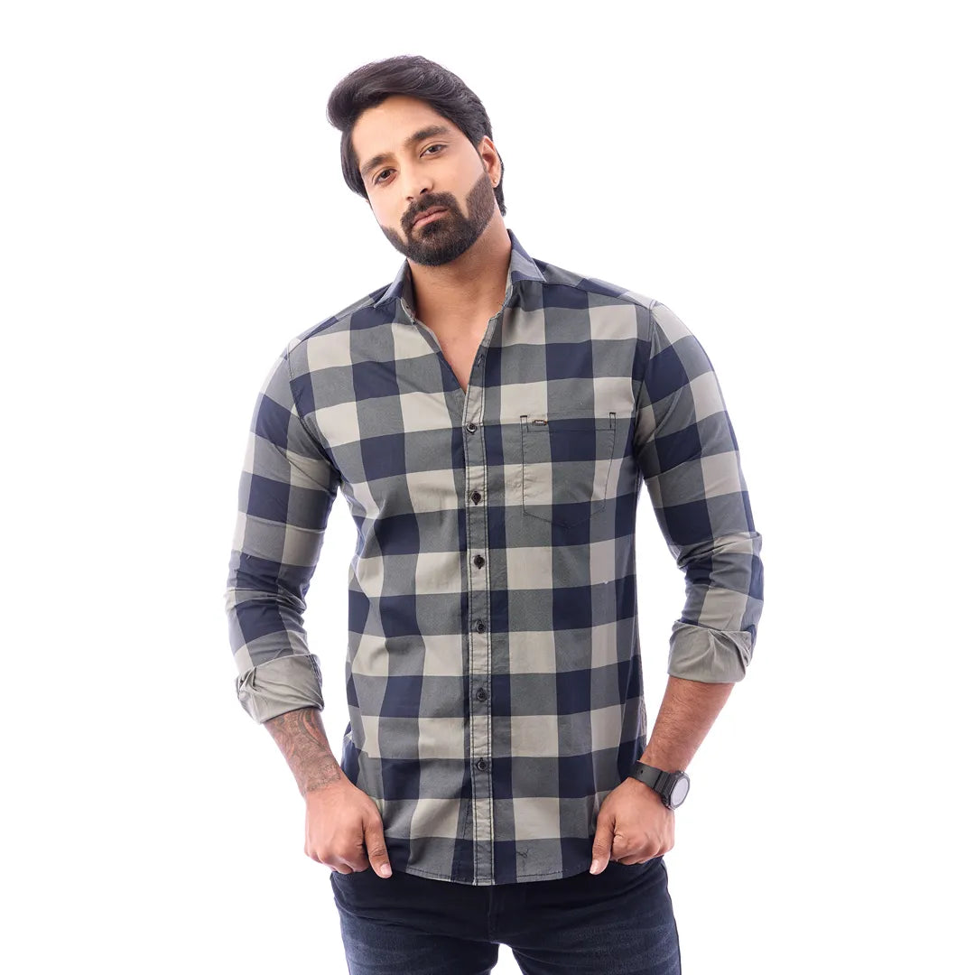 Duo Blue Print Checked Shirt For Men - 1426