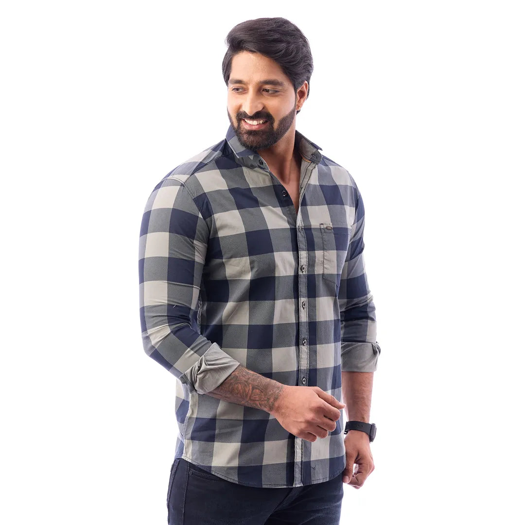 Duo Blue Print Checked Shirt For Men - 1426