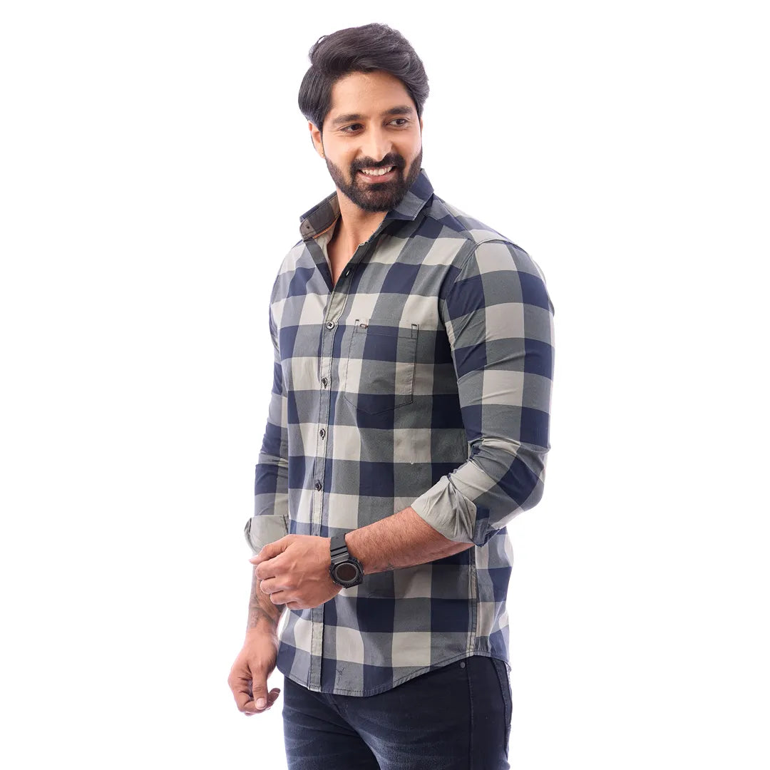 Duo Blue Print Checked Shirt For Men - 1426