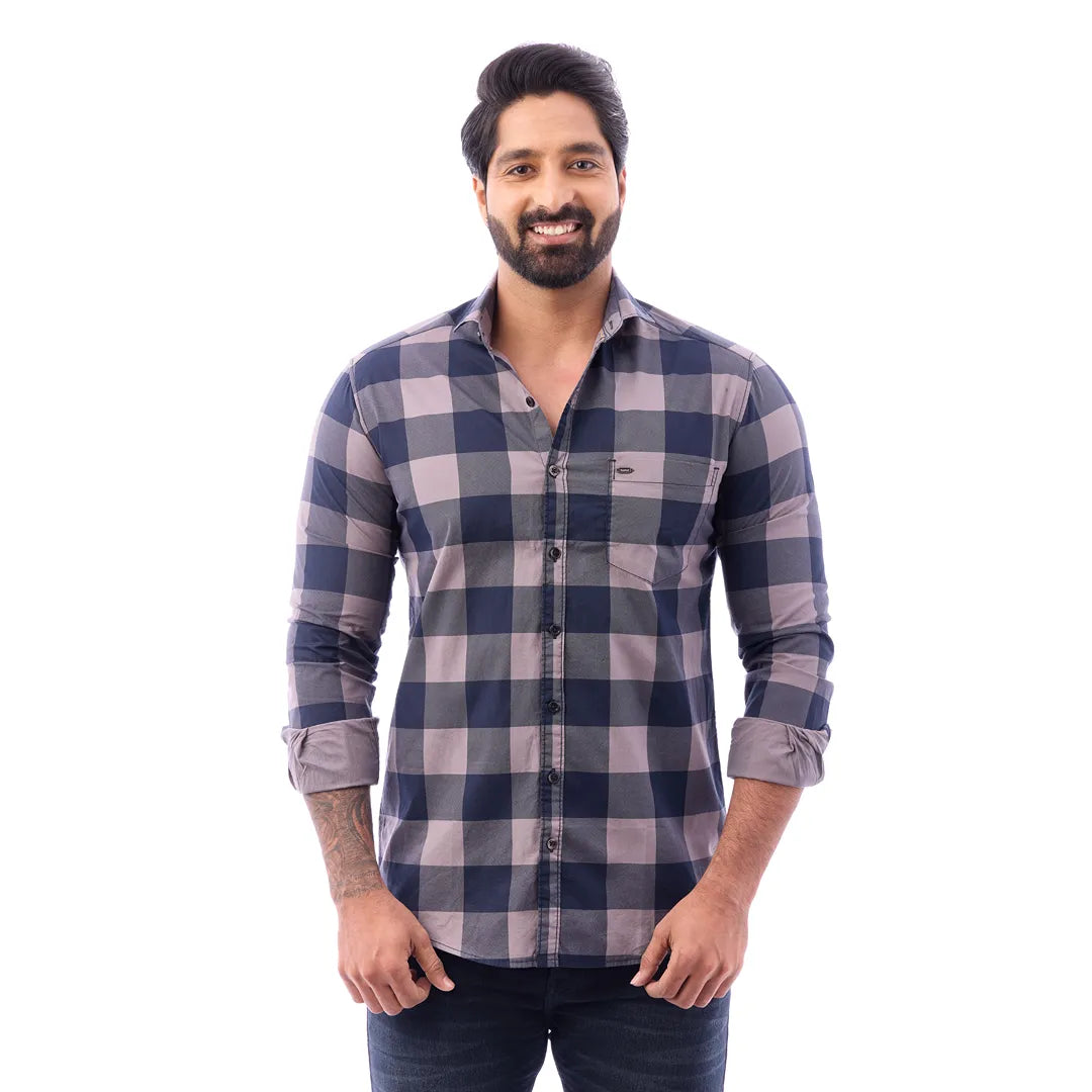 Duo Blue Print Checked Shirt For Men - 1426