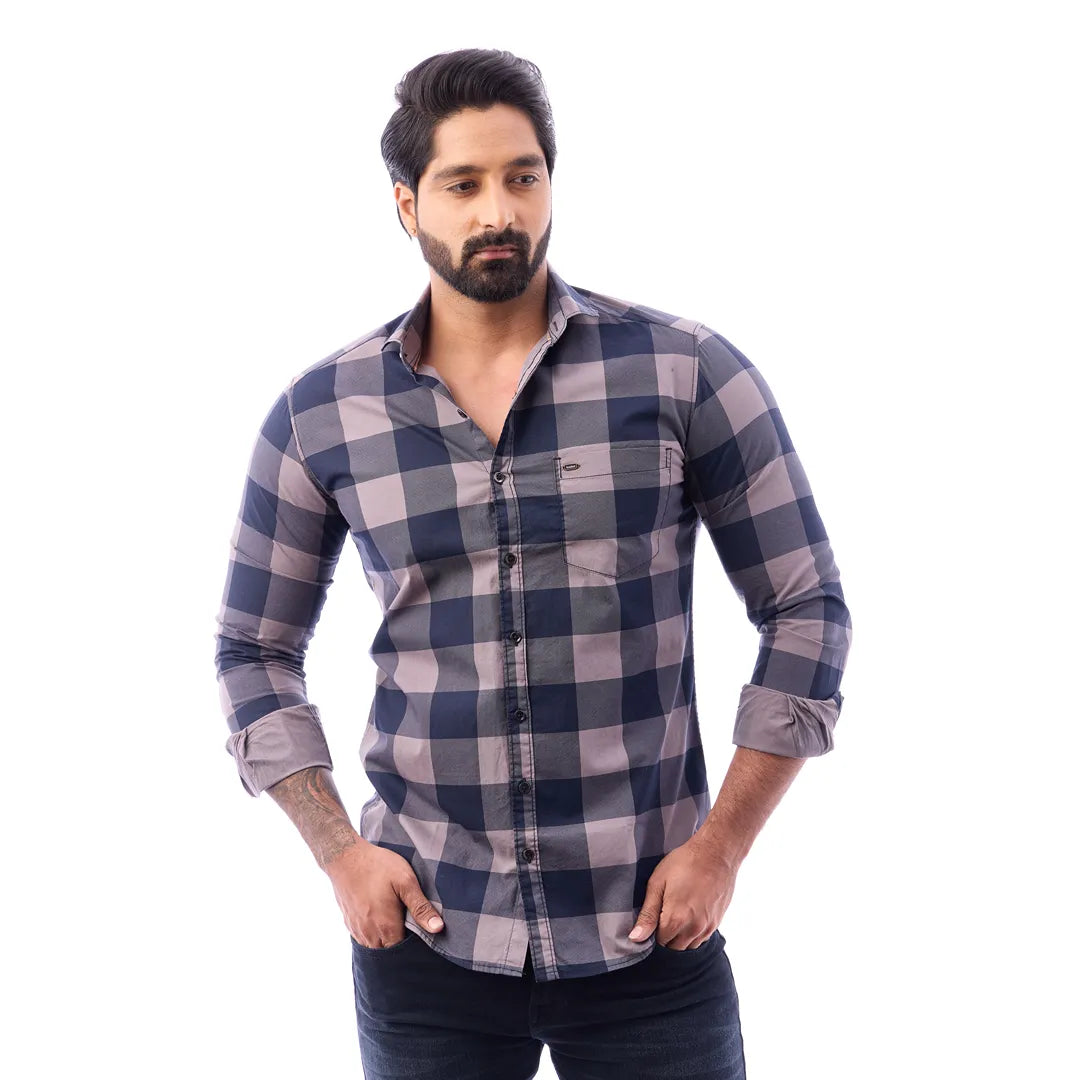 Duo Blue Print Checked Shirt For Men - 1426