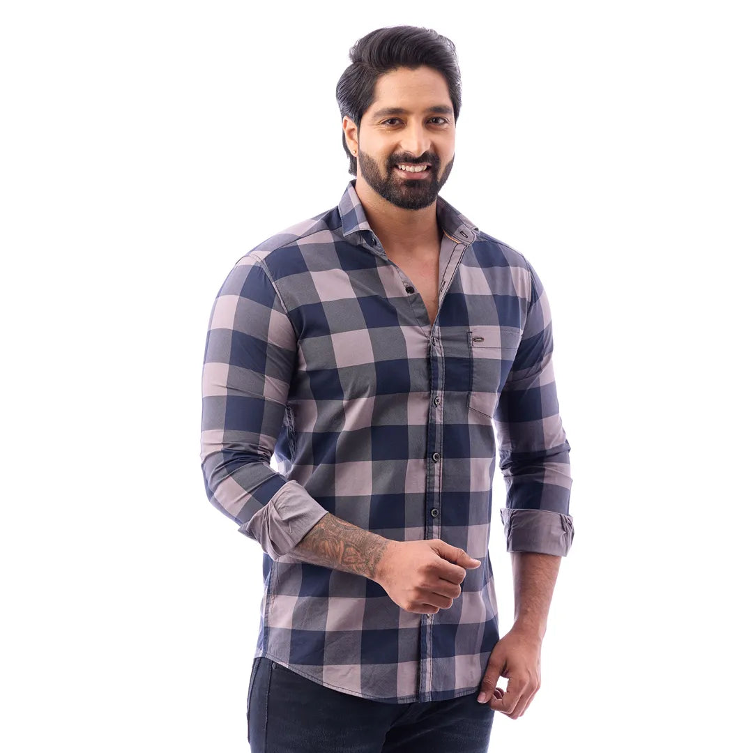 Duo Blue Print Checked Shirt For Men - 1426