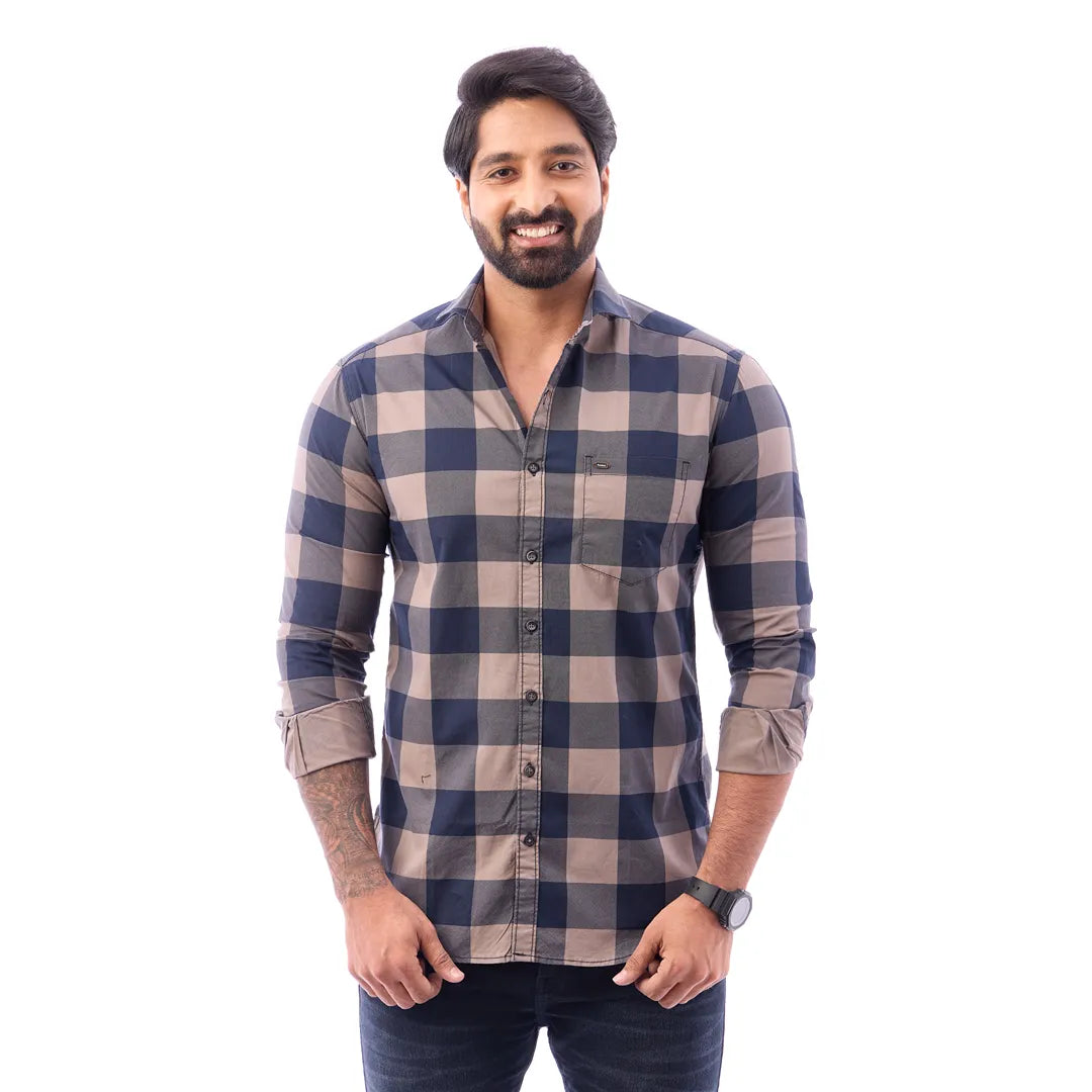 Duo Blue Print Checked Shirt For Men - 1426