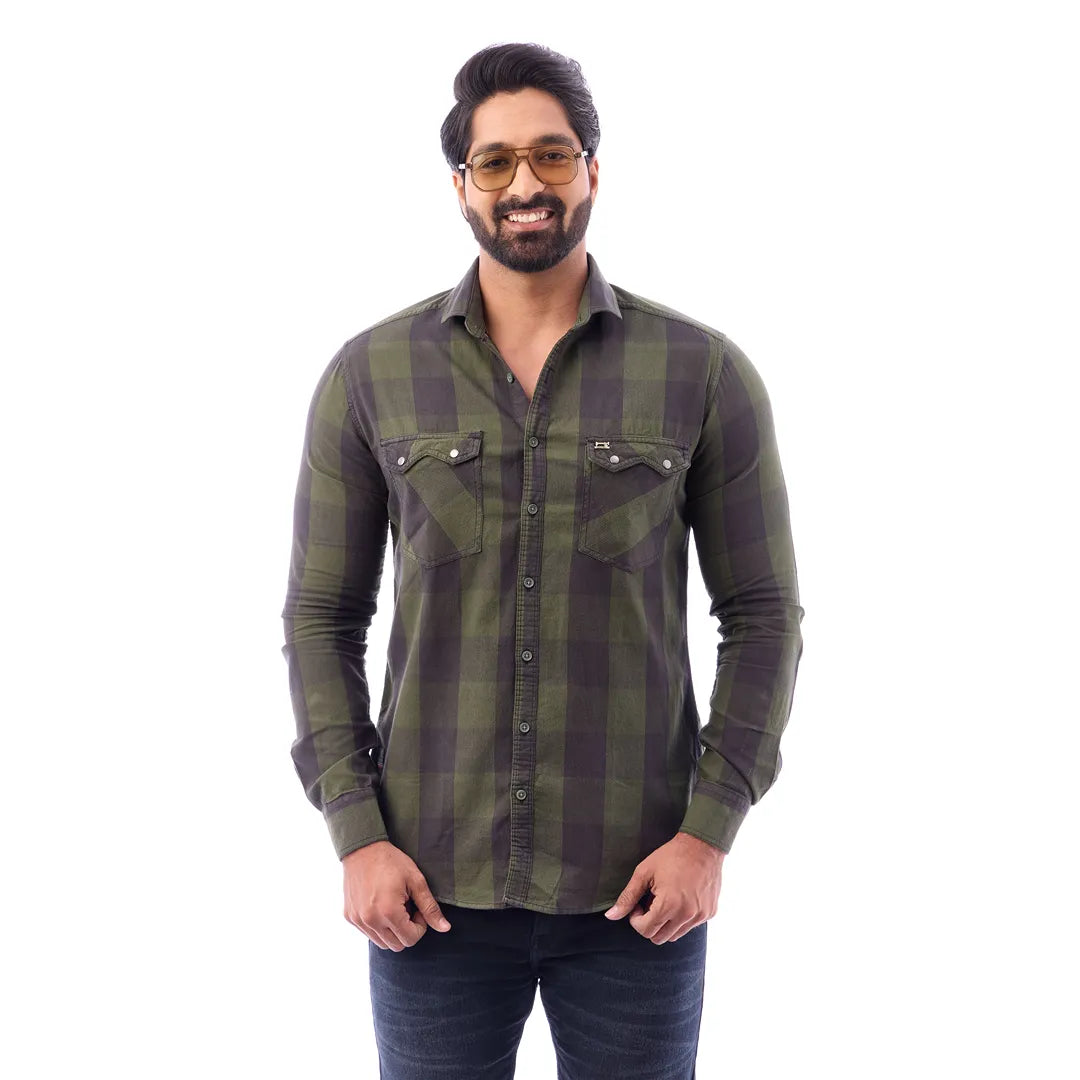 Light Green Corduroy View Checked Shirt For Men - 1428