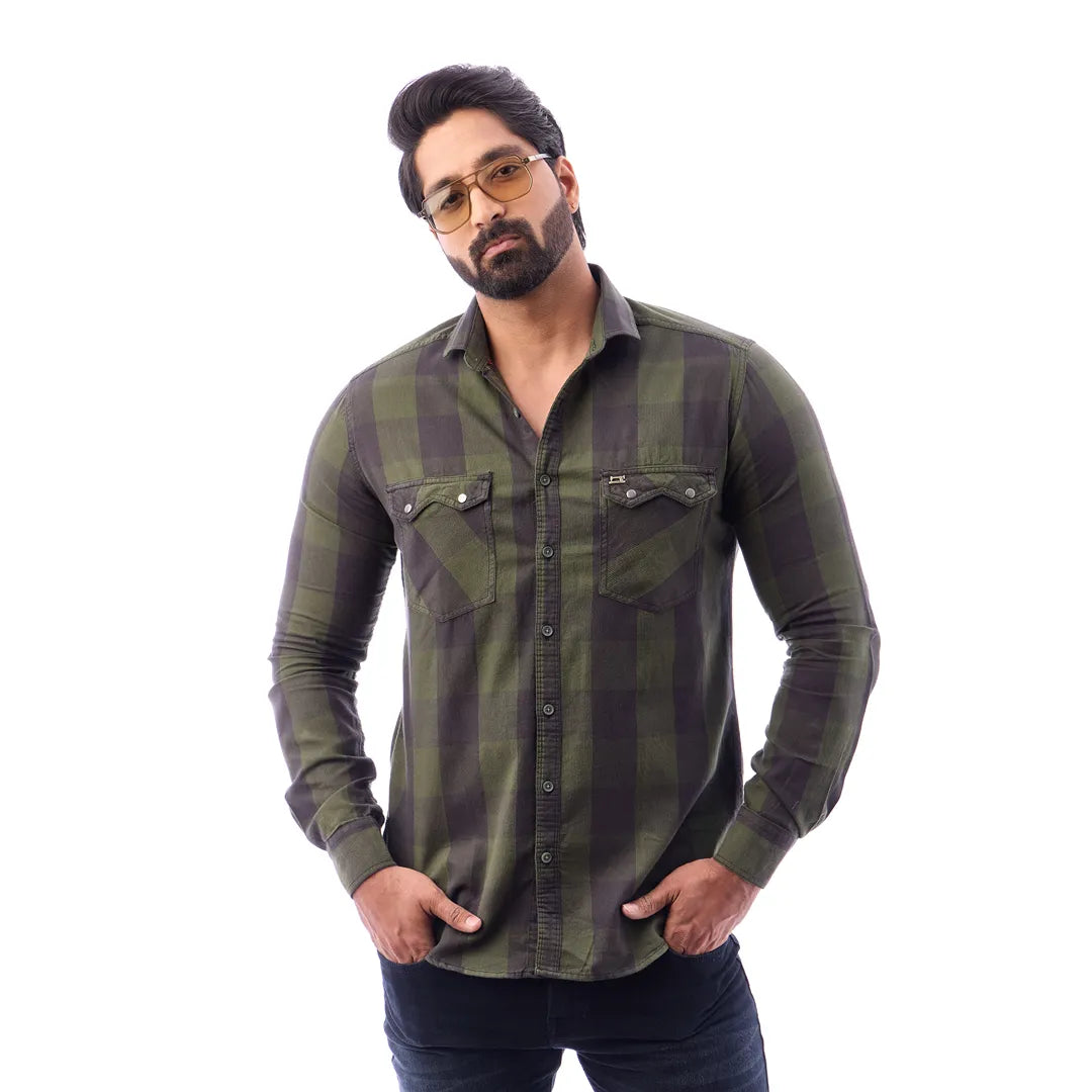 Light Green Corduroy View Checked Shirt For Men - 1428