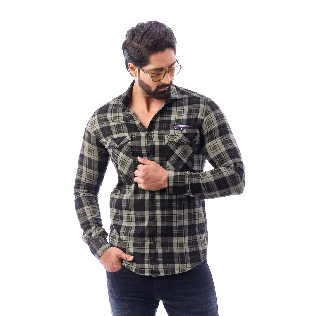 Green Corduroy View Checked Shirt For Men - 1429