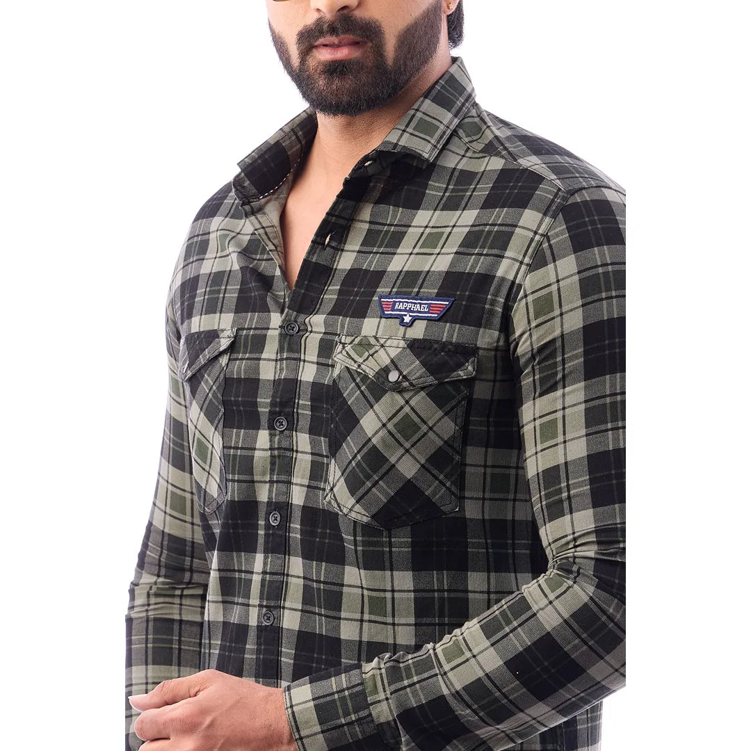 Green Corduroy View Checked Shirt For Men - 1429