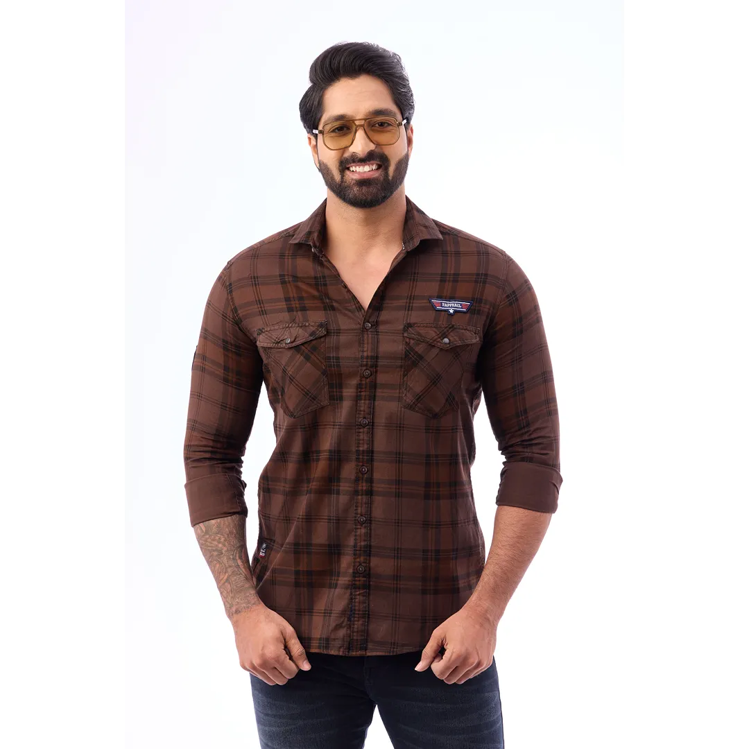 Coffee And Brown Corduroy View Checked Shirt For Men - 1430