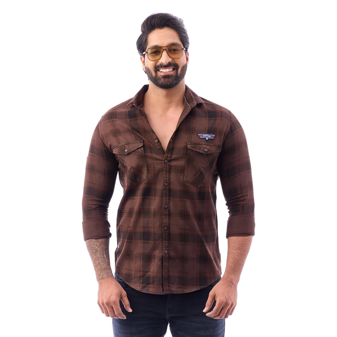 Coffee Corduroy View Checked Shirt For Men - 1431