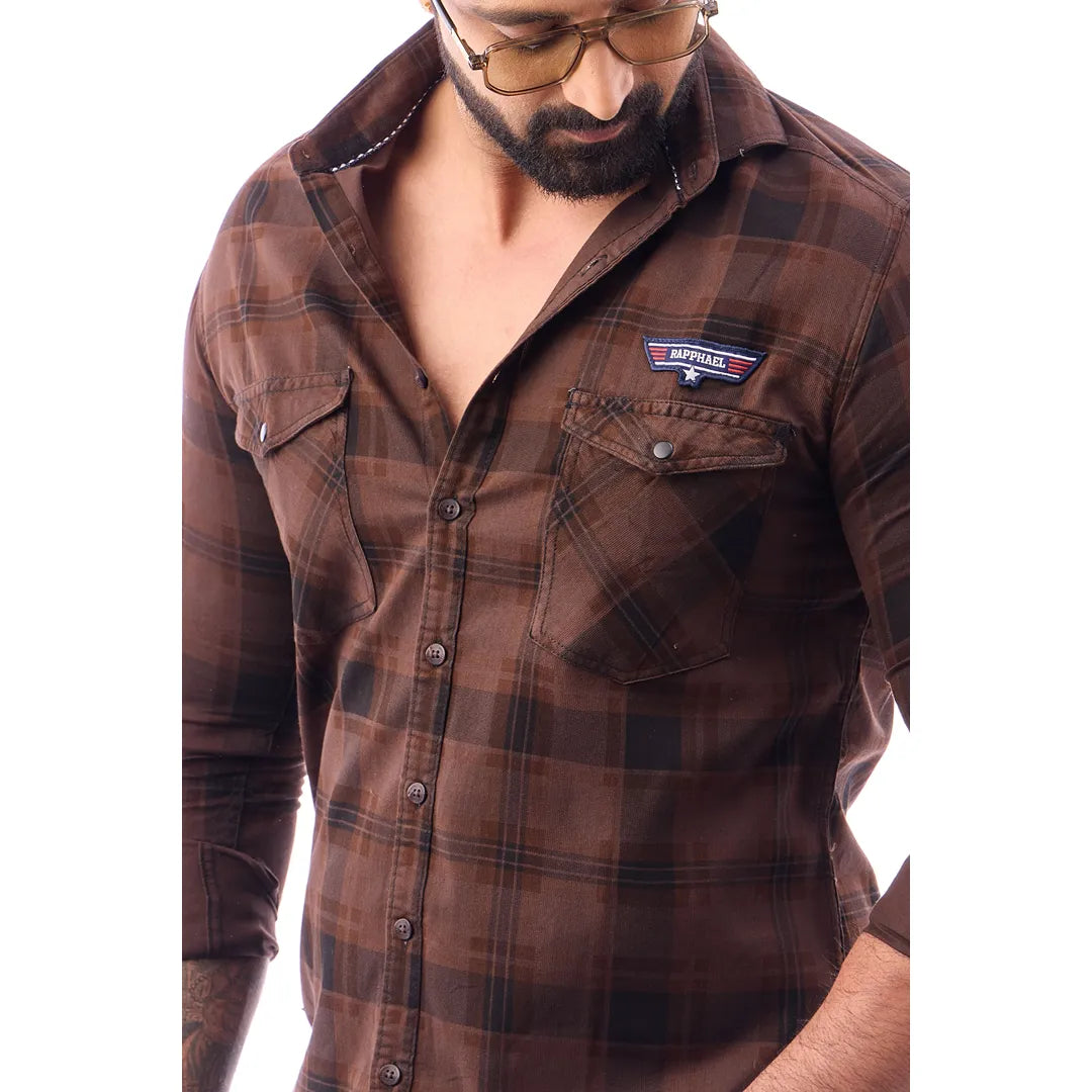 Coffee Corduroy View Checked Shirt For Men - 1431