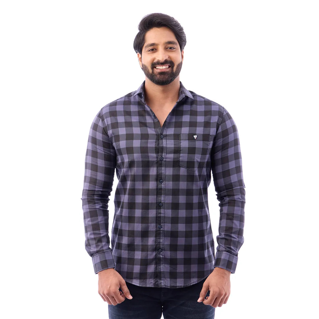 Men Blue Print Checked Shirt - 1491