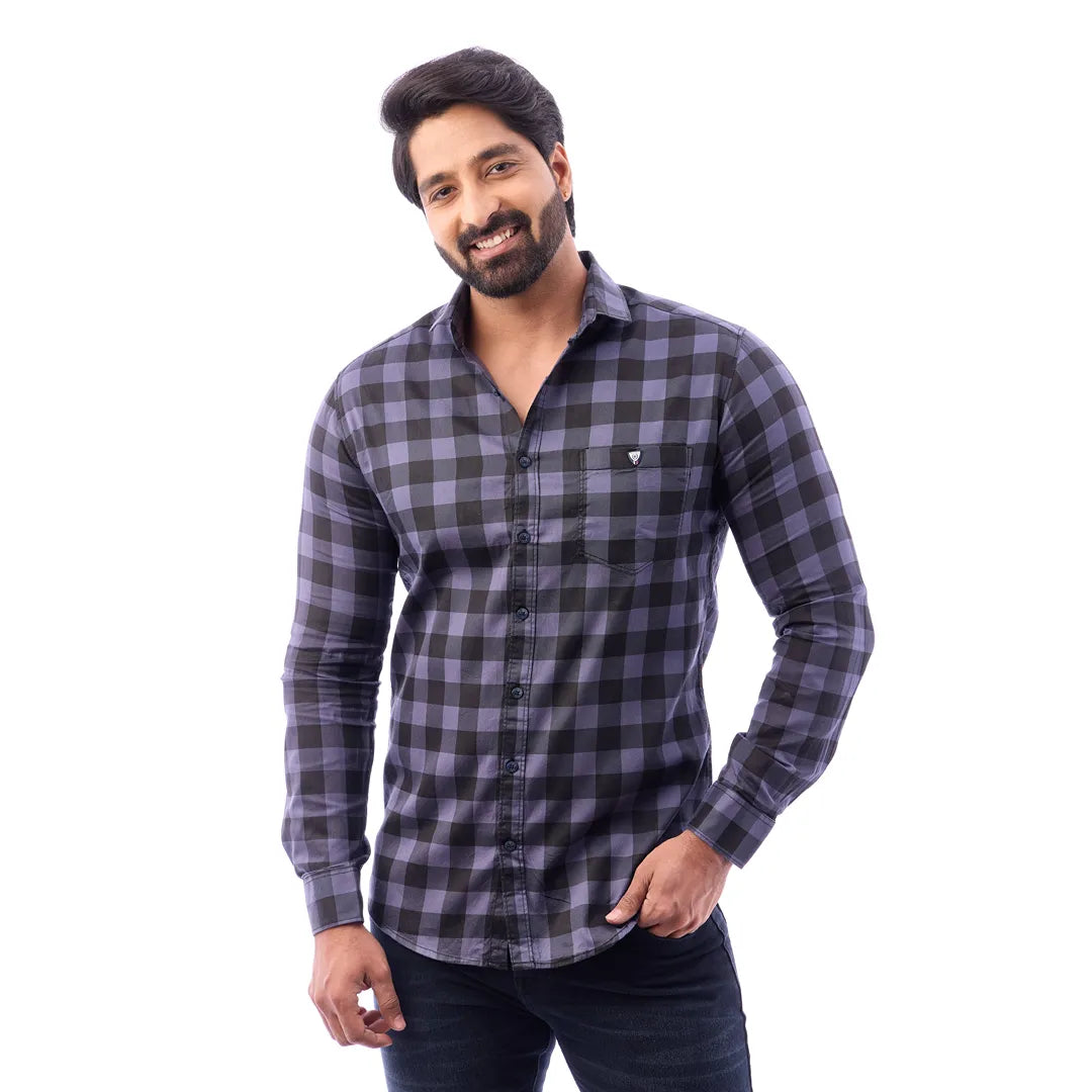 Men Blue Print Checked Shirt - 1491