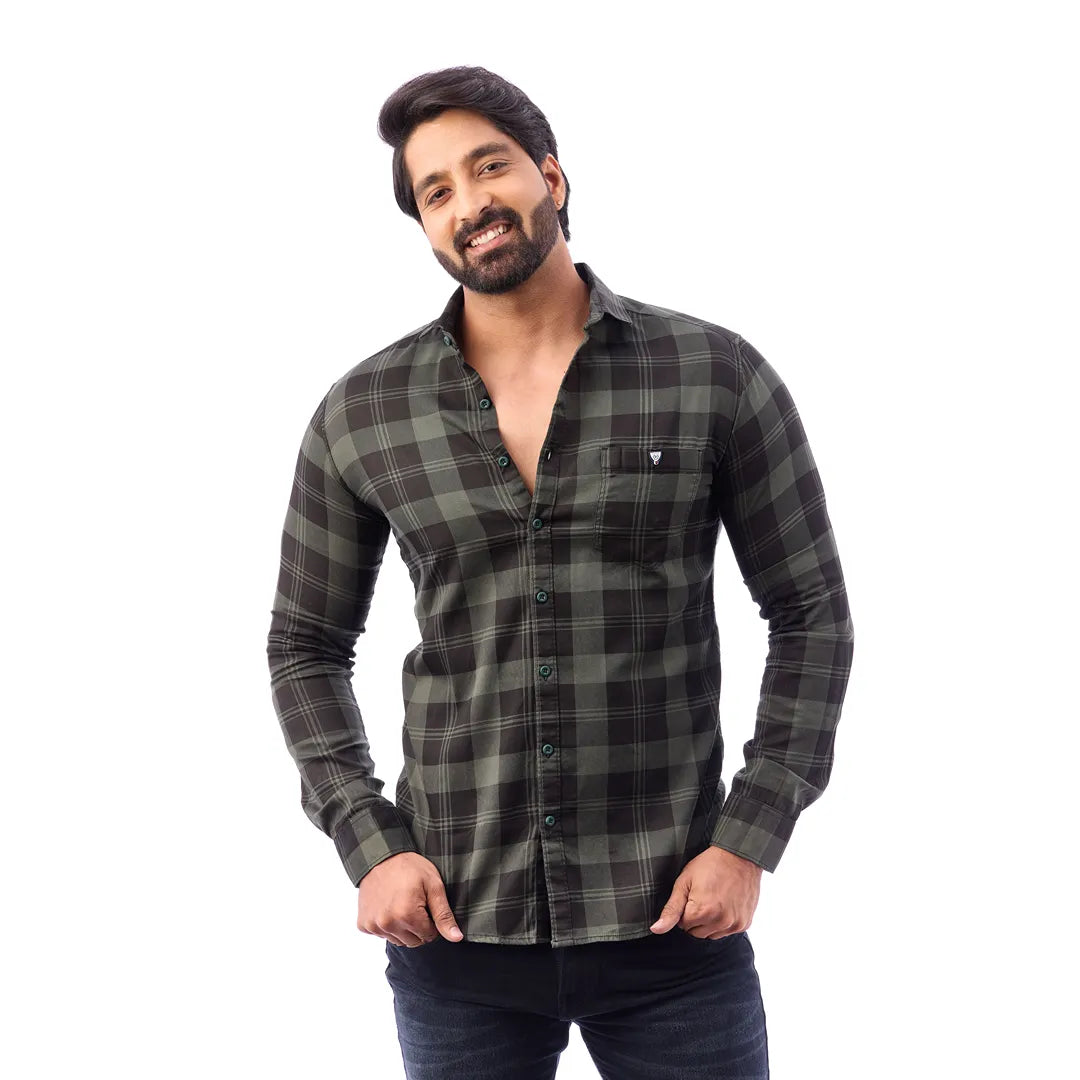 Men Green And Black Print Checked Shirt - 1492