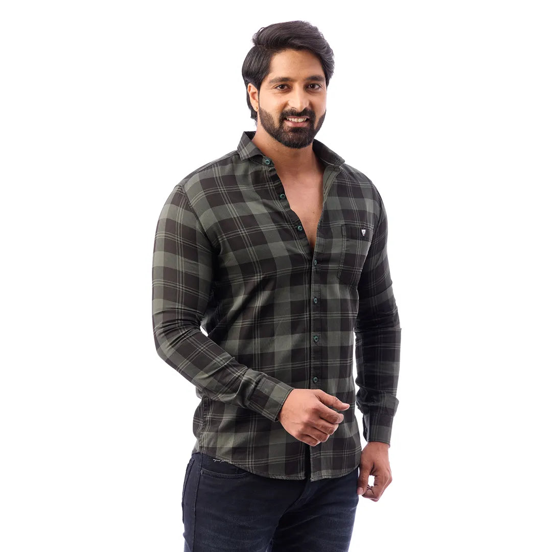 Men Green And Black Print Checked Shirt - 1492