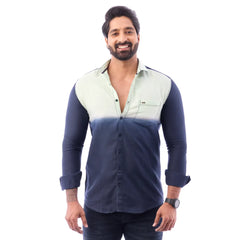 Men Green And BlueTwill Plain Partywear Shirt - 5491